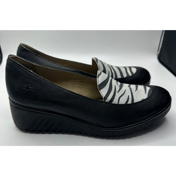 FLY London Leather Slip-Ons Luan Black White Zebra Print Wedge Size 41 (US 10) - Picture 3 of 6